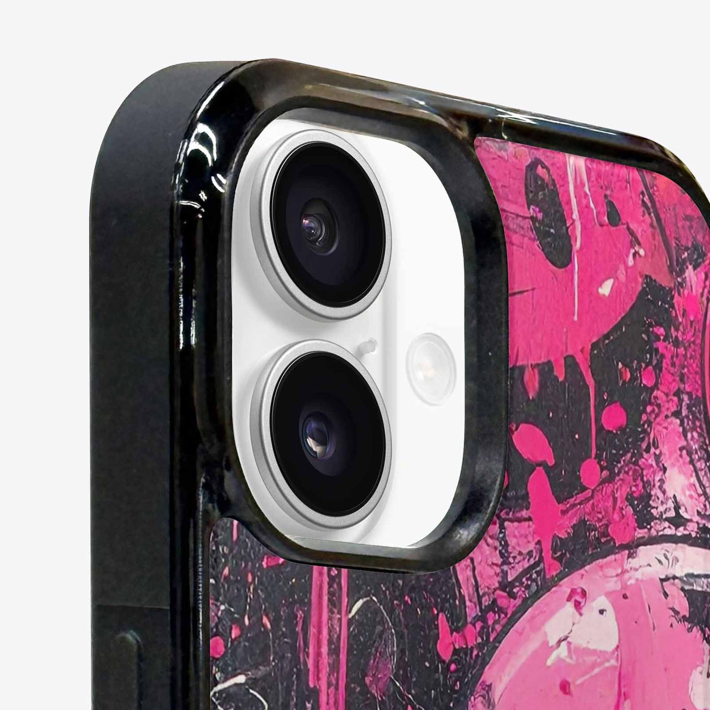 iPhone 16 Plus Case — Melting Moon Smiley Black Pink Ink, Custom Printed Phone Case
