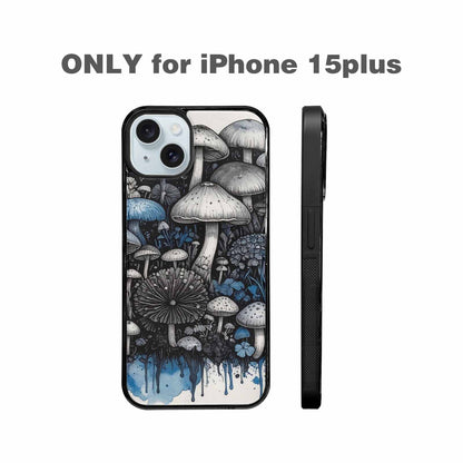 iPhone 15 Plus Case — Mushrooms General Black Blue Ink Mushrooms, Custom Phone Case