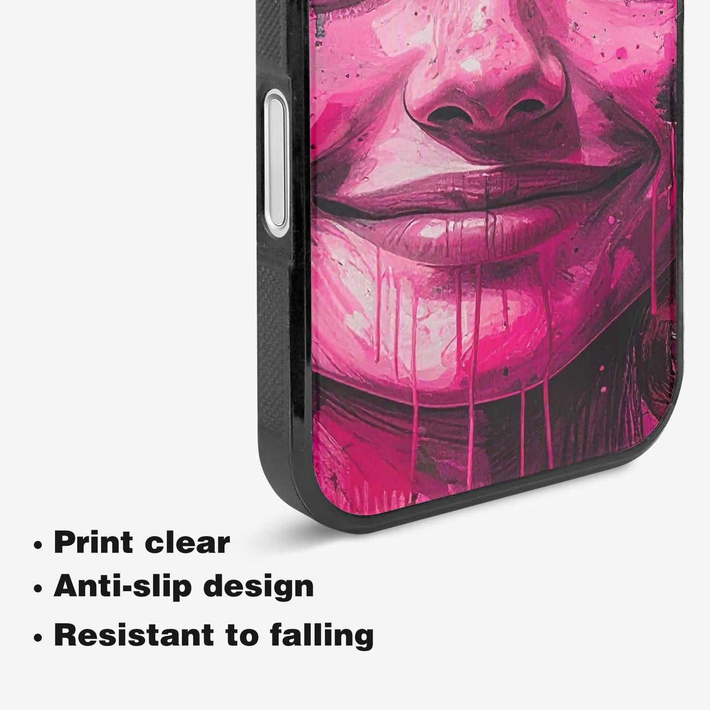iPhone 16 Plus Case — Melting Moon Smiley Black Pink Ink, Original Design Phone Case
