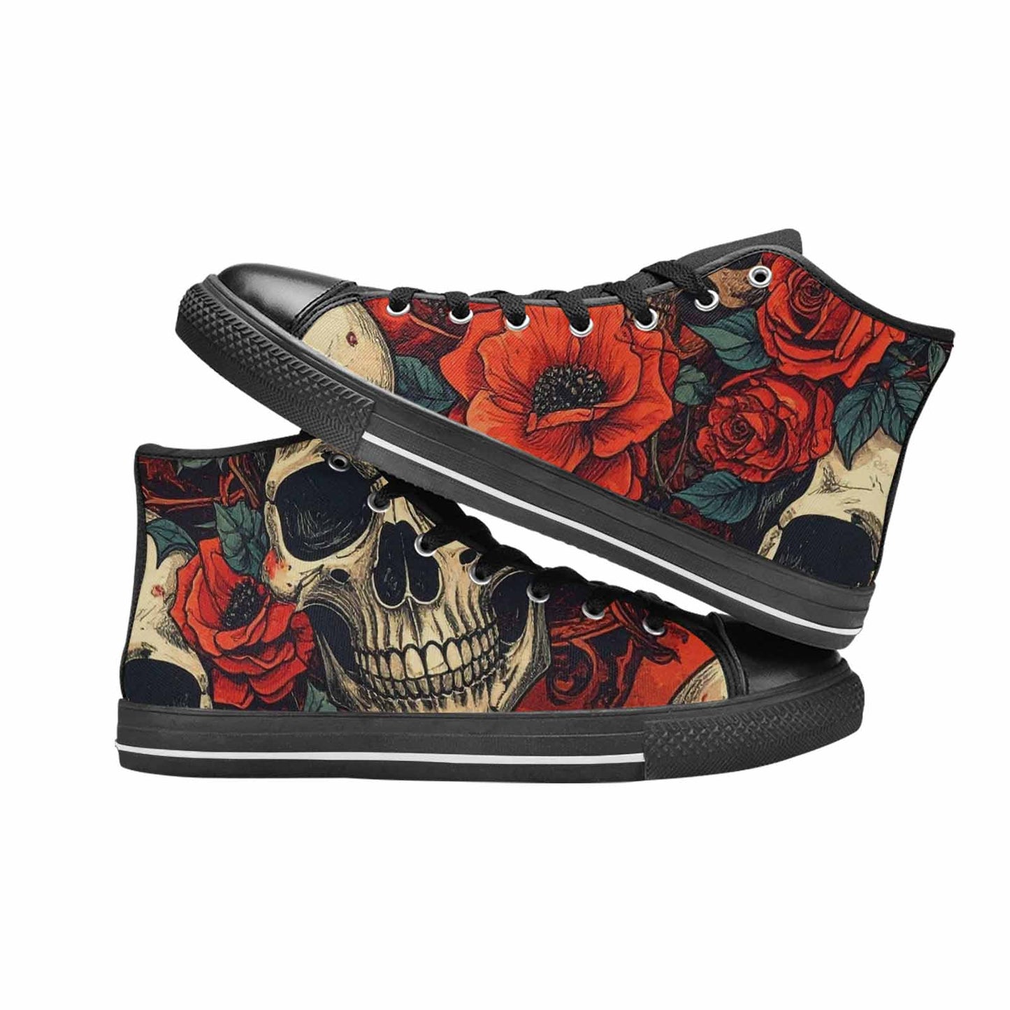 MEN'S Skulls Roses Bold Pen Ink High Top Canvas Wallpaper Art Custom Shoes