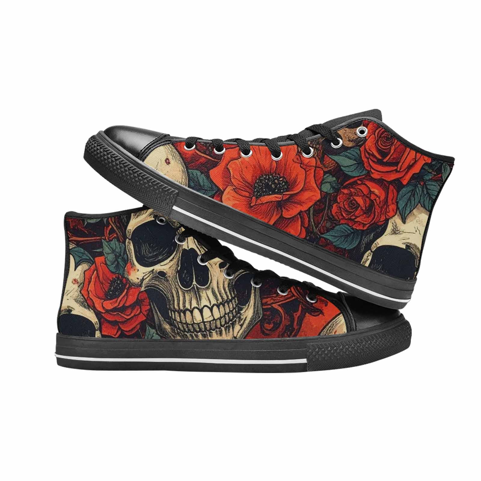 MEN'S Skulls Roses Bold Pen Ink High Top Canvas Wallpaper Art Custom Shoes