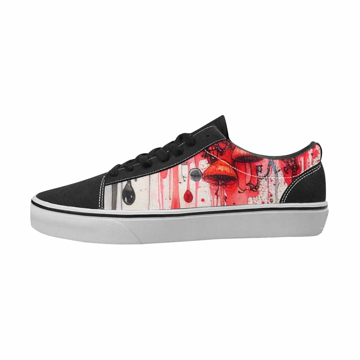 WOMEN'S Mushrooms Black & Red Ink Canvas One Of A Kind Cottagecore Custom Streetwear Shoes