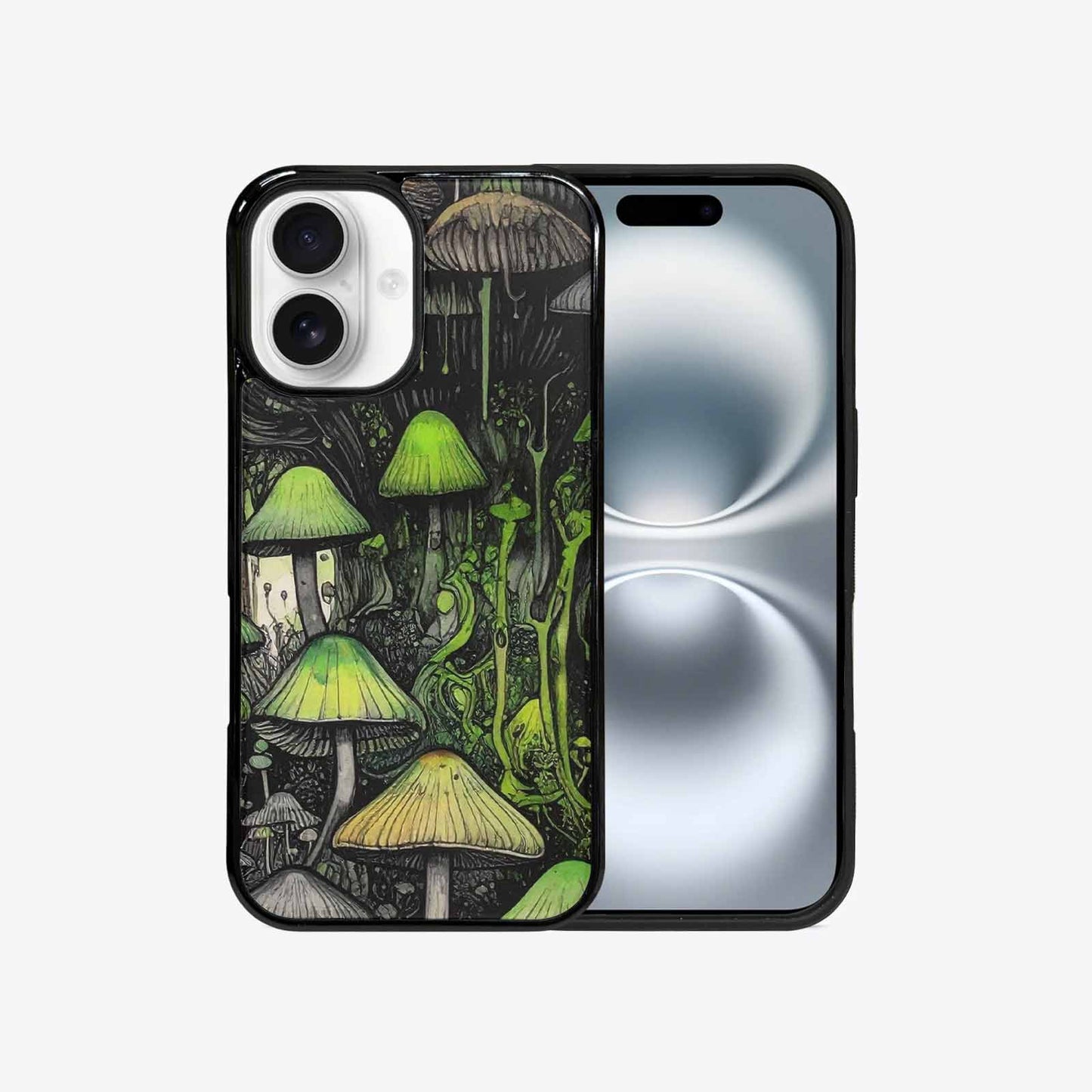 iPhone 16 Case — Rainbow Drip Mushrooms Black Green Ink, Custom Designed Case Cover