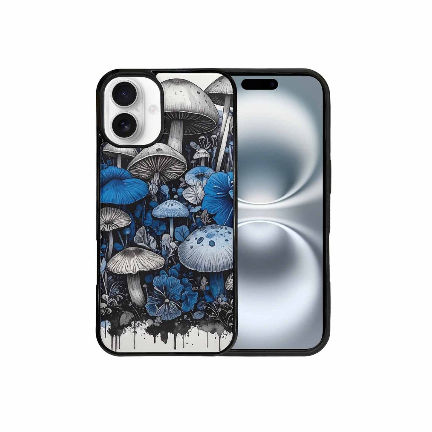 iPhone 16 Plus Case — Mushrooms General Black Blue Ink Mushrooms, Custom Made Phone Cover
