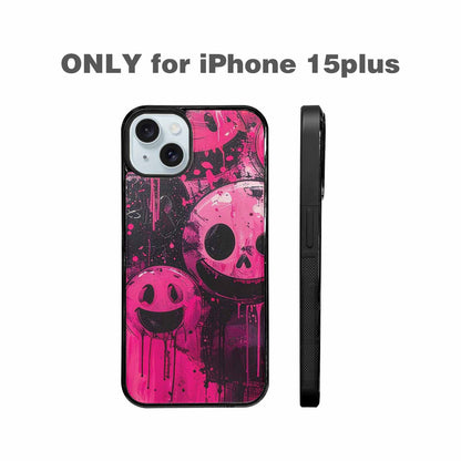 iPhone 15 Plus Case — Melting Moon Smiley Black Pink Ink, Custom Print Case Cover