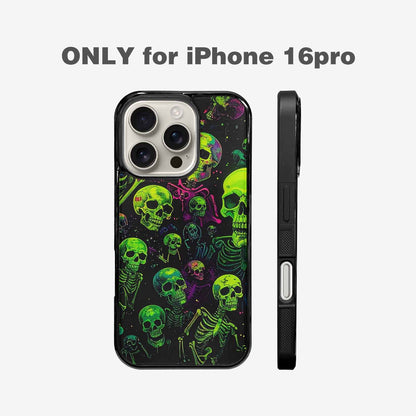iPhone 16 Pro Case — Skeletons Neon Green Glow Skeletons Pattern, Custom Printed Phone Case