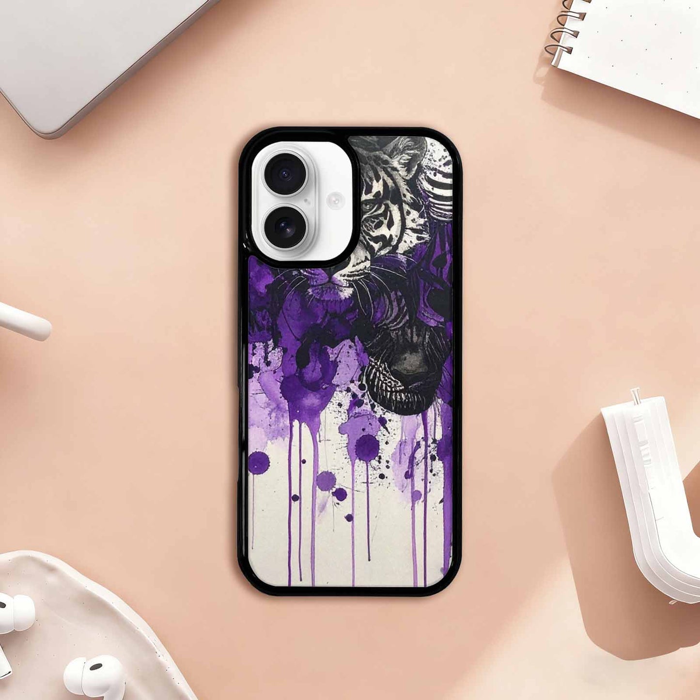 iPhone 17 Case — Black &amp; Purple Ink Animal Print, Personalized Phone Case