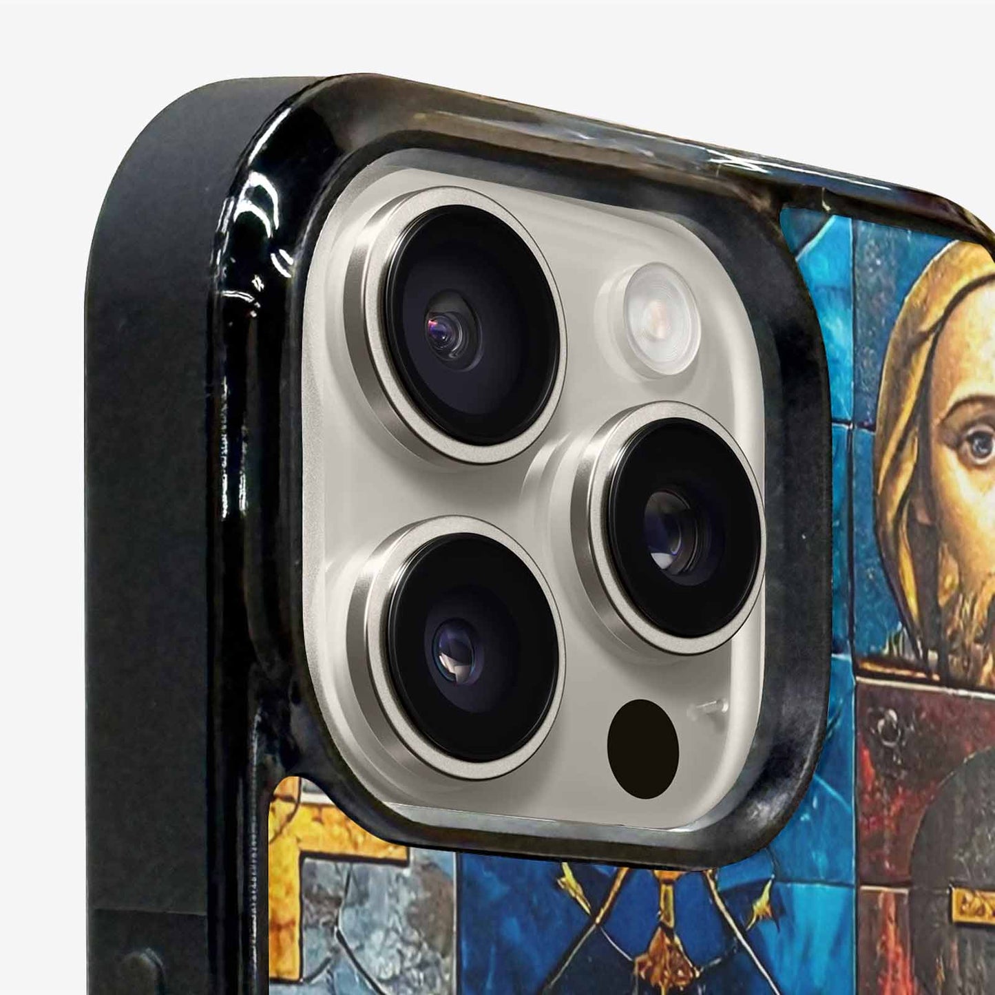 iPhone 15 Pro Max Case — Jesus Face Small Cross And Faith, Customized Protective Case