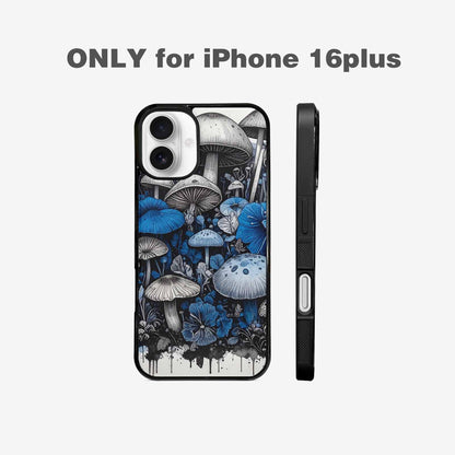 iPhone 16 Plus Case — Mushrooms General Black Blue Ink Mushrooms, Custom Made Phone Cover