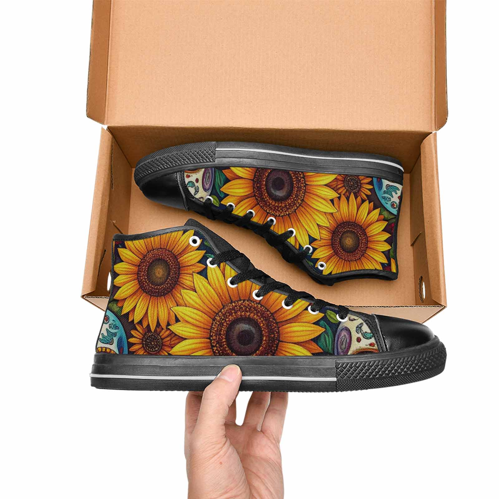 WOMEN'S Sunflower Skulls Print High Top Canvas Dreamcore Custom Shoes