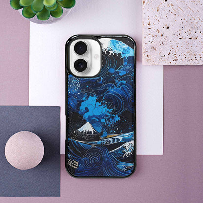 iPhone 16 Case — Nautical Wave Black Blue Ink Wave, Custom Phone Case