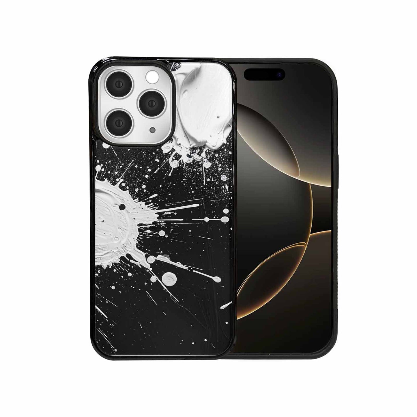 iPhone 15 Pro Max Case — White Ink Splatter Texture On Black, Original Design Phone Case