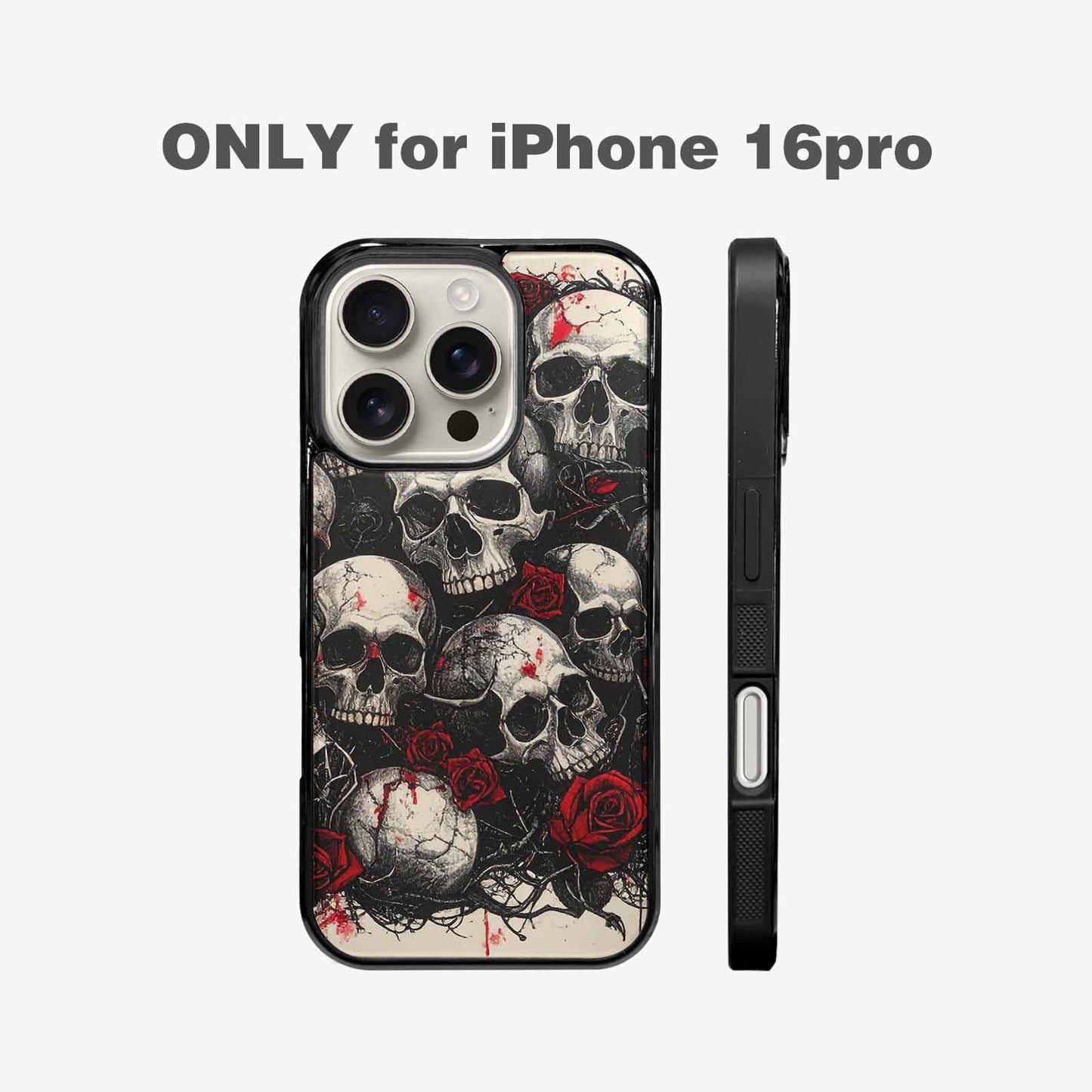 iPhone 16 Pro Case — Skull And Roses Black Red Ink, Custom Printed Phone Case