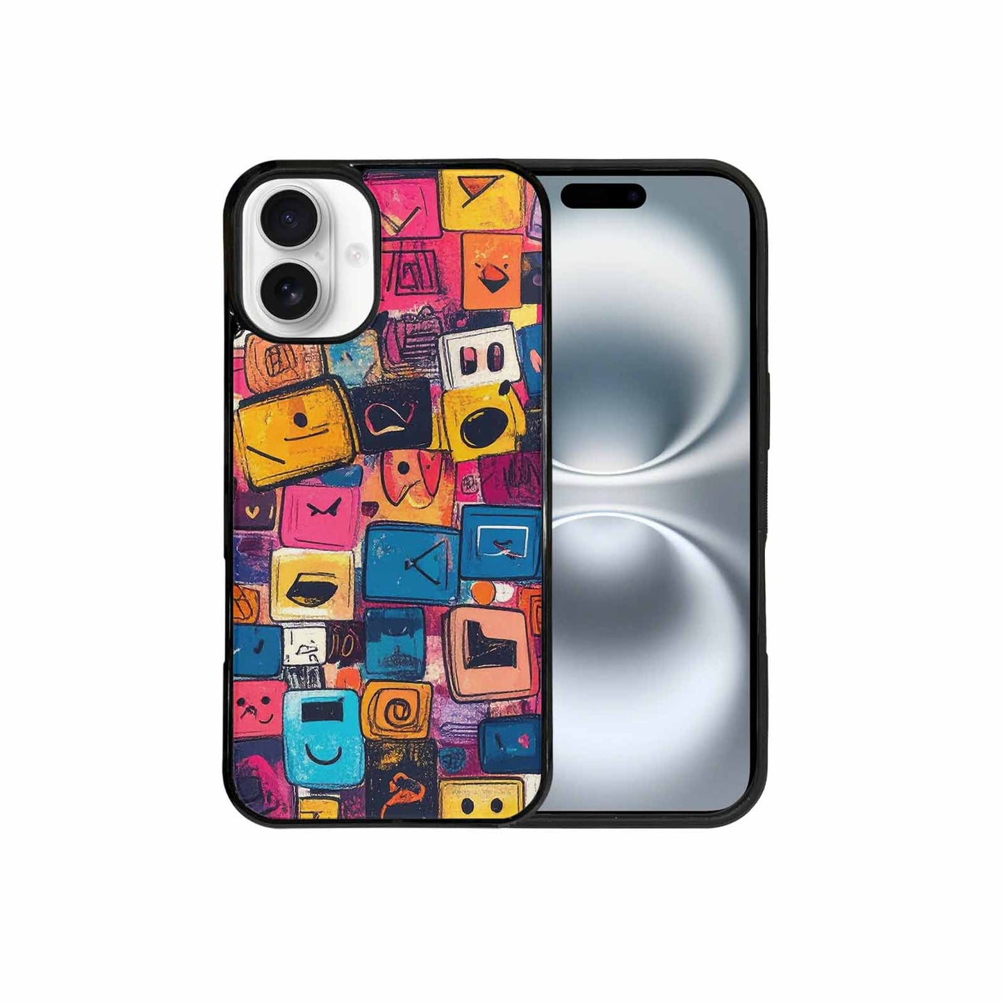 iPhone 16 Plus Case — Hand Drawn Icon Doodle Pattern Hundreds, Custom Art Phone Cover