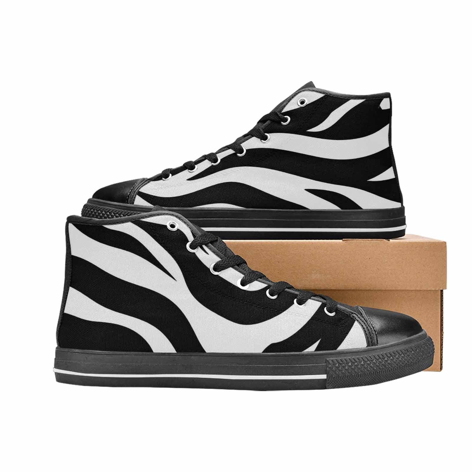 WOMEN'S Zebra Print Black White High Top Canvas Vibrant Chaos Custom Sneakers