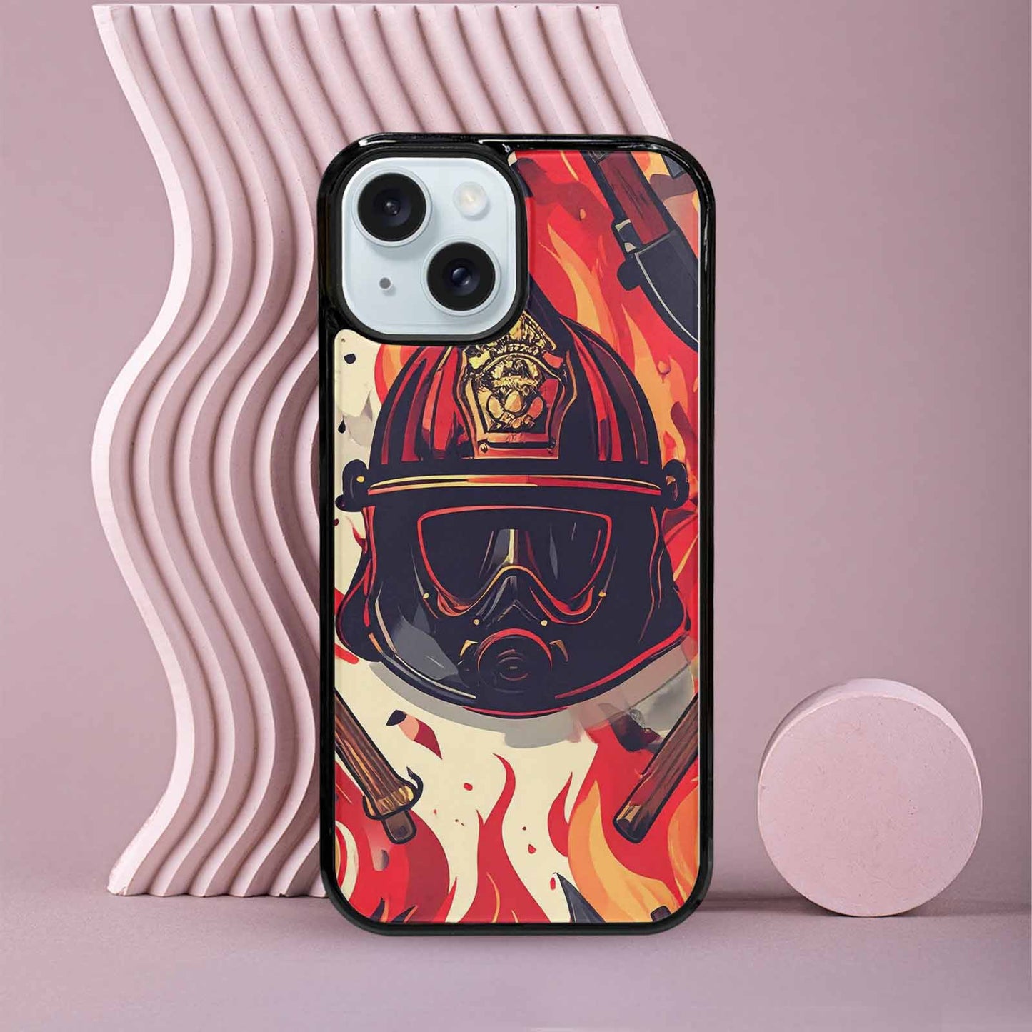 iPhone 15 Case — Firefighter Pattern Flames Axes Helmets Seamless, Unique Phone Case Design