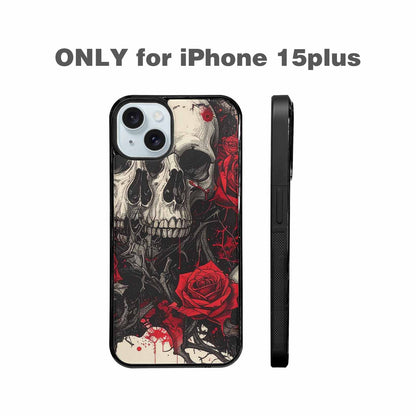 iPhone 15 Plus Case — Skull And Roses Black Red Ink, Custom Printed Phone Case