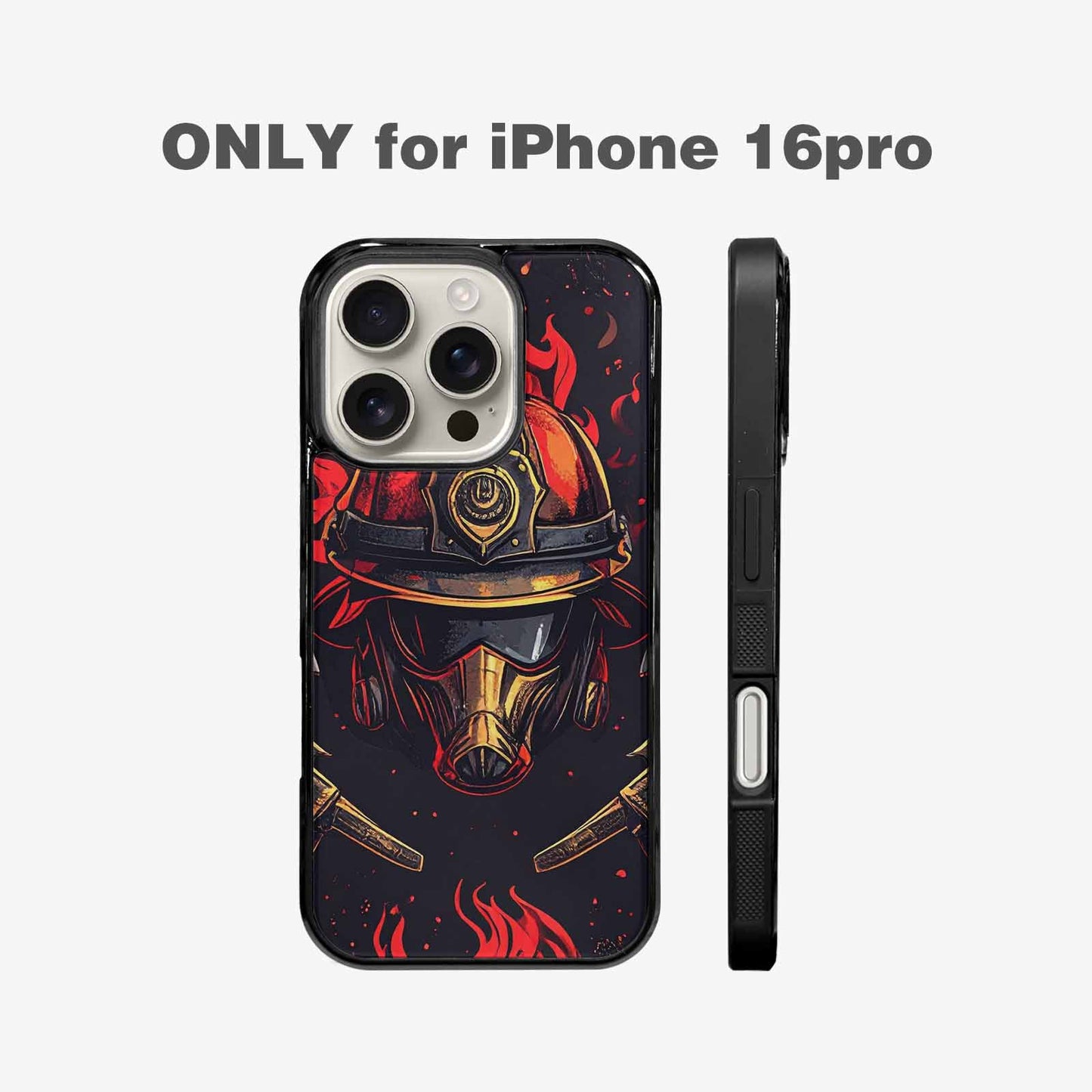iPhone 16 Pro Case — Firefighter Pattern Flames Axes Helmets Seamless, Custom Art Phone Cover