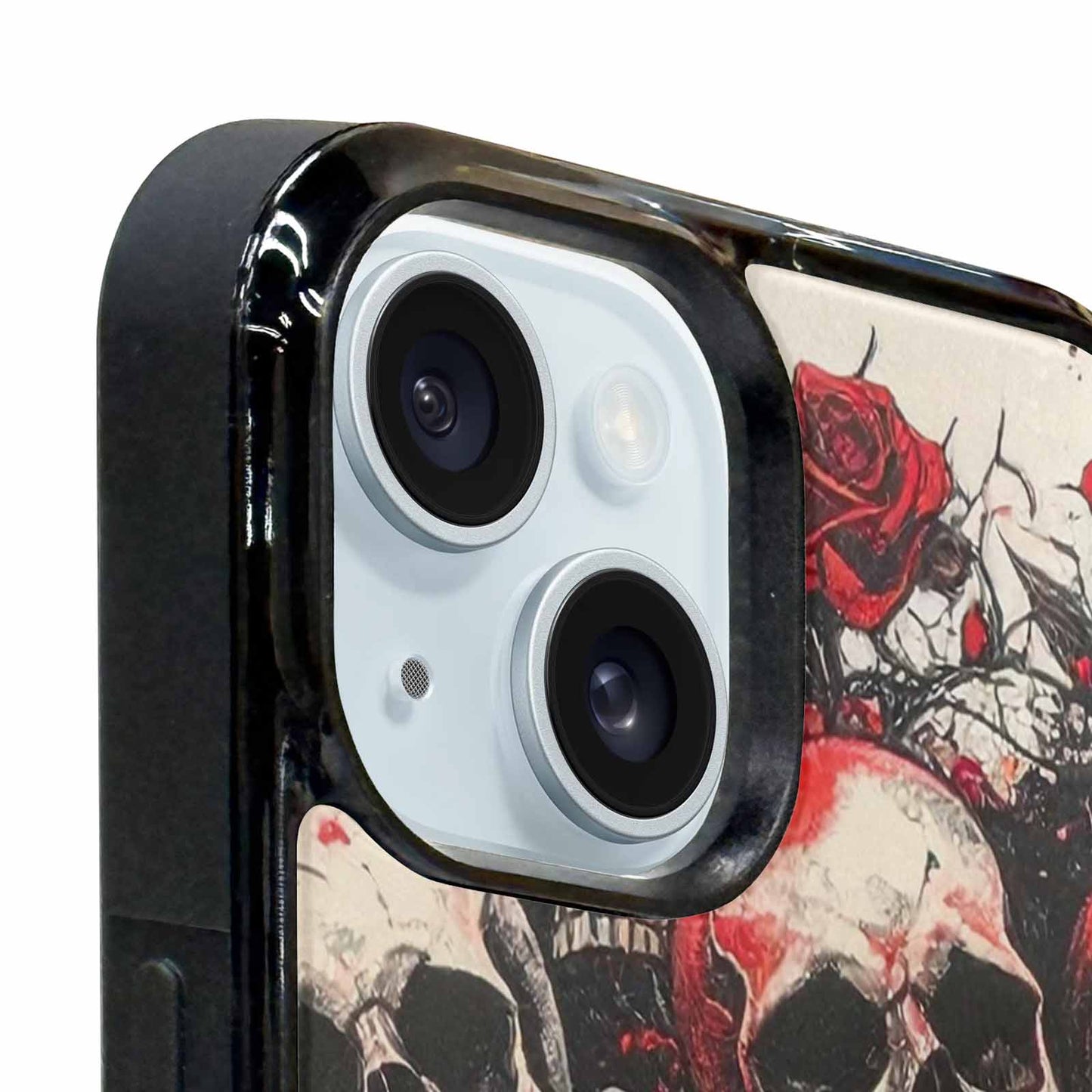 iPhone 15 Plus Case — Skull And Roses Black Red Ink, Custom Phone Case