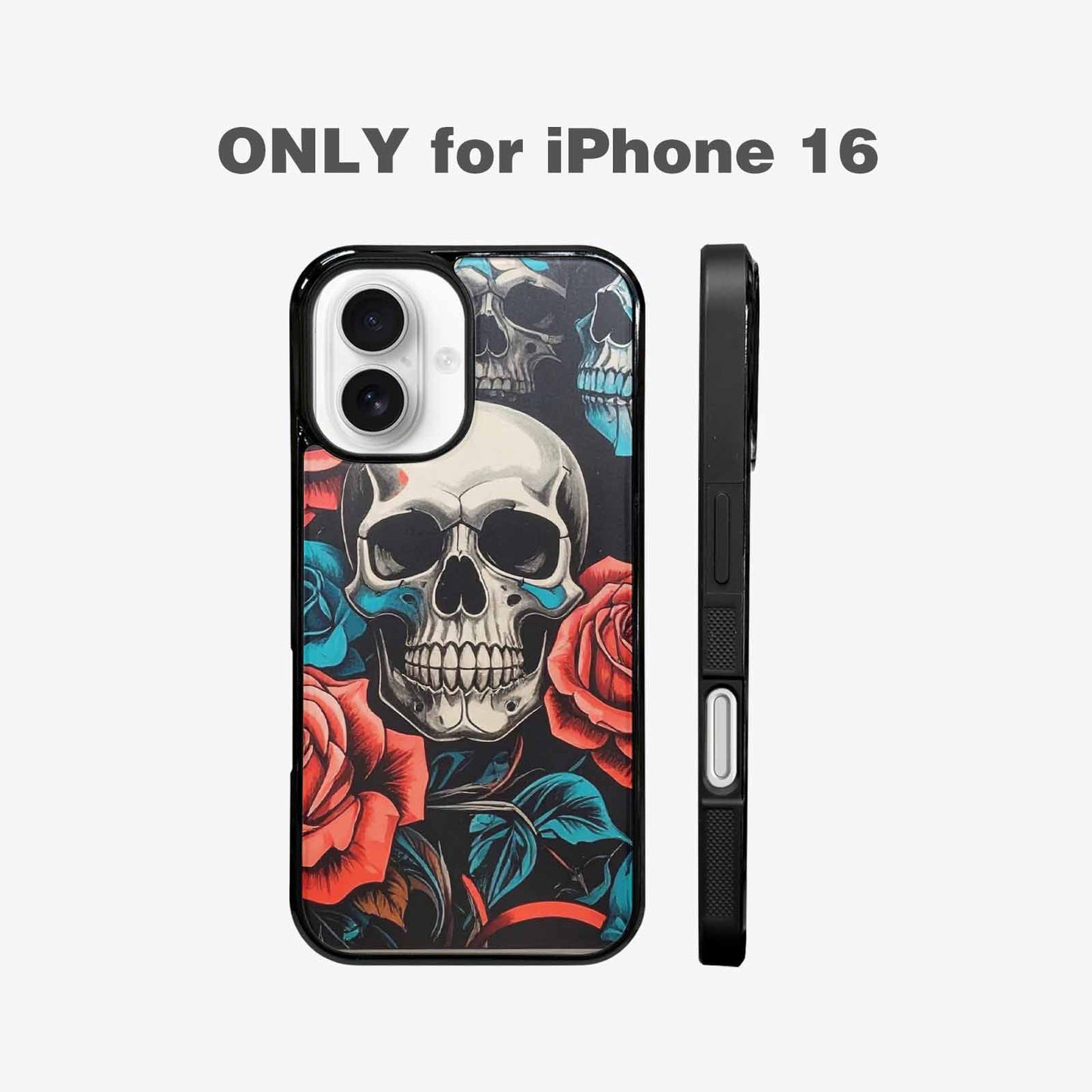 iPhone 16 Case — Skulls Roses Biker Tattoo, Custom Printed Phone Case