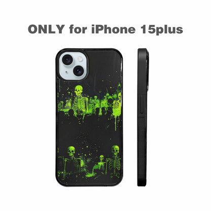 iPhone 15 Plus Case — Skeletons Neon Green Glow Skeletons Pattern, Custom Art Phone Cover