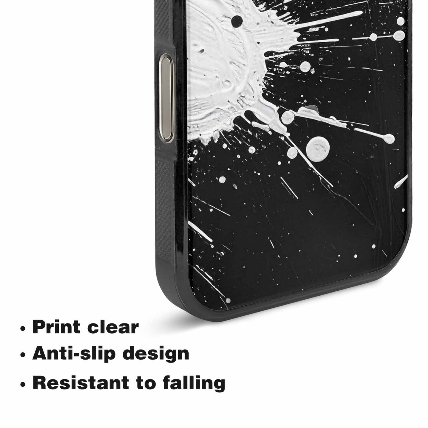 iPhone 16 Pro Max Case — White Ink Splatter Texture On Black, Custom Printed Phone Case