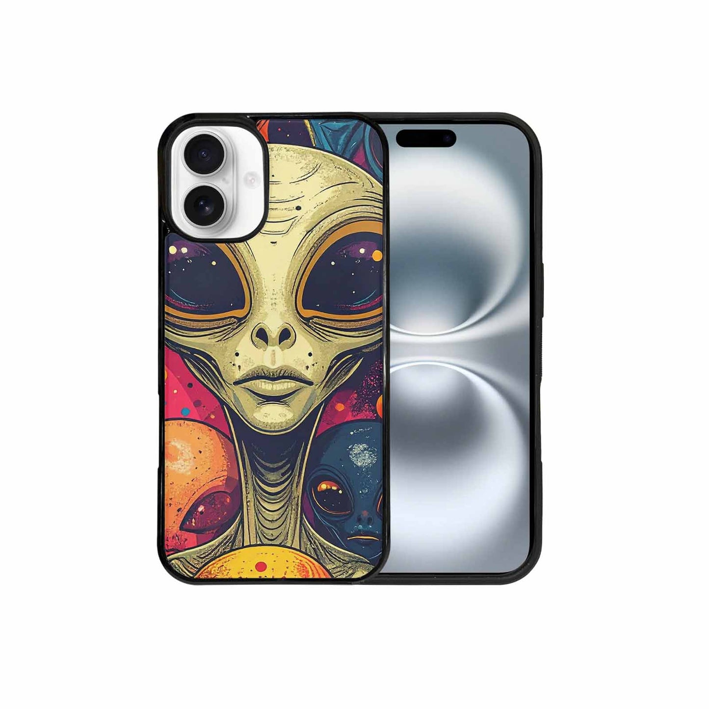 iPhone 16 Plus Case — Alien Ufo Cartoon Art Pattern Groovy, Custom Art Phone Cover