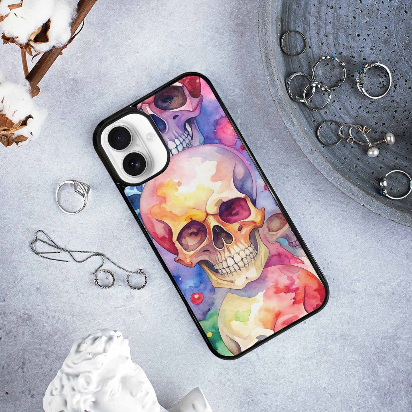 iPhone 16 Plus Case — Kulls Watercolor Skulls Small Skull Pattern, Custom Printed Phone Case