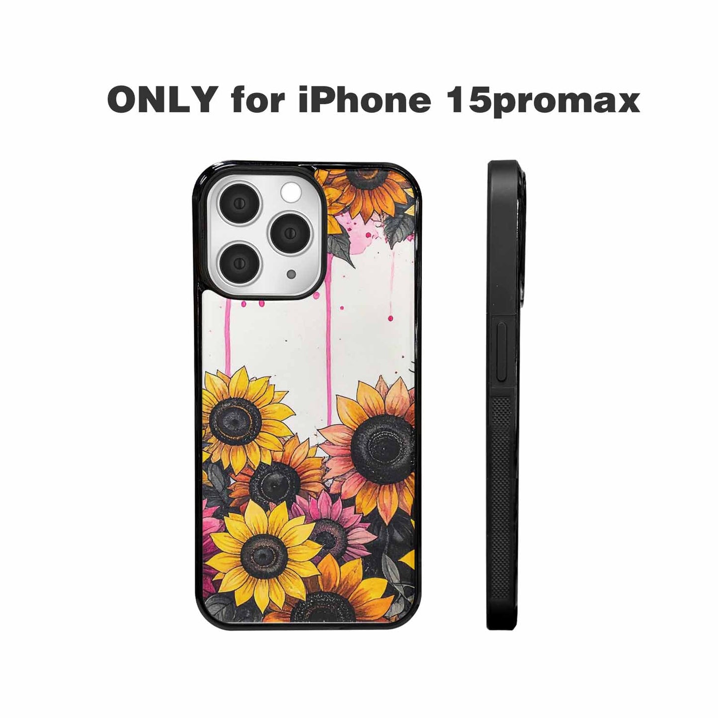iPhone 15 Pro Max Case — Sunflower Burst Black Pink Ink Sunflowers, Personalized Phone Case