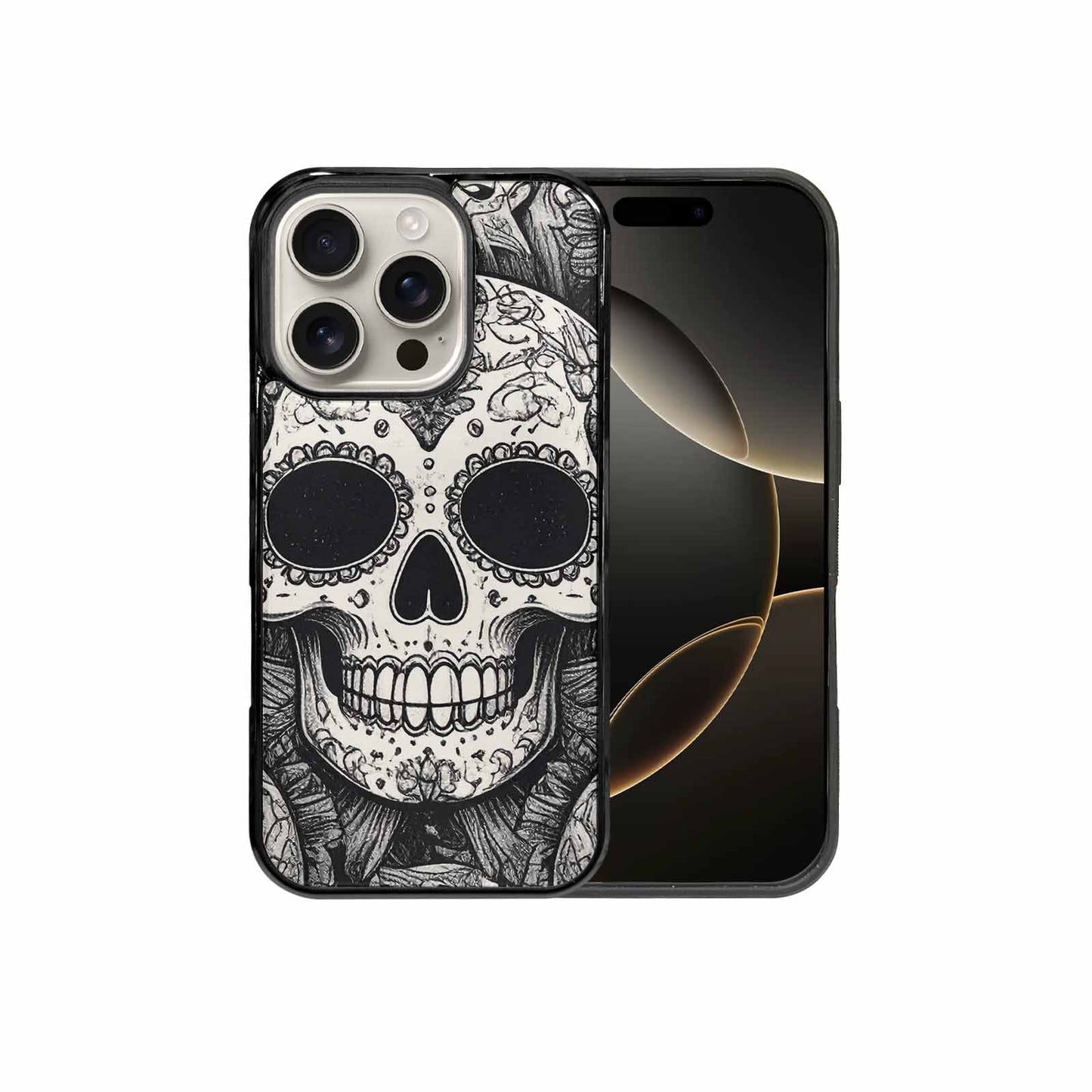 iPhone 16 Pro Case — Intricately Detailed Sugar Skulls In Black, Custom Phone Case