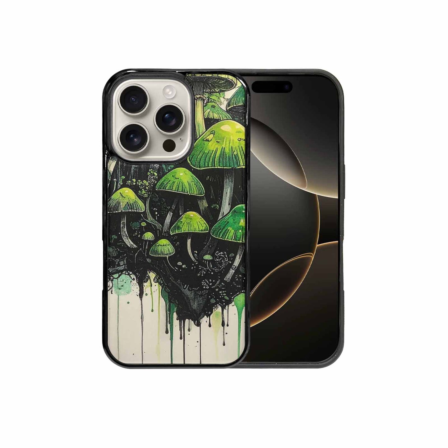 iPhone 16 Pro Case — Rainbow Drip Mushrooms Black Green Ink, Custom Print Case Cover