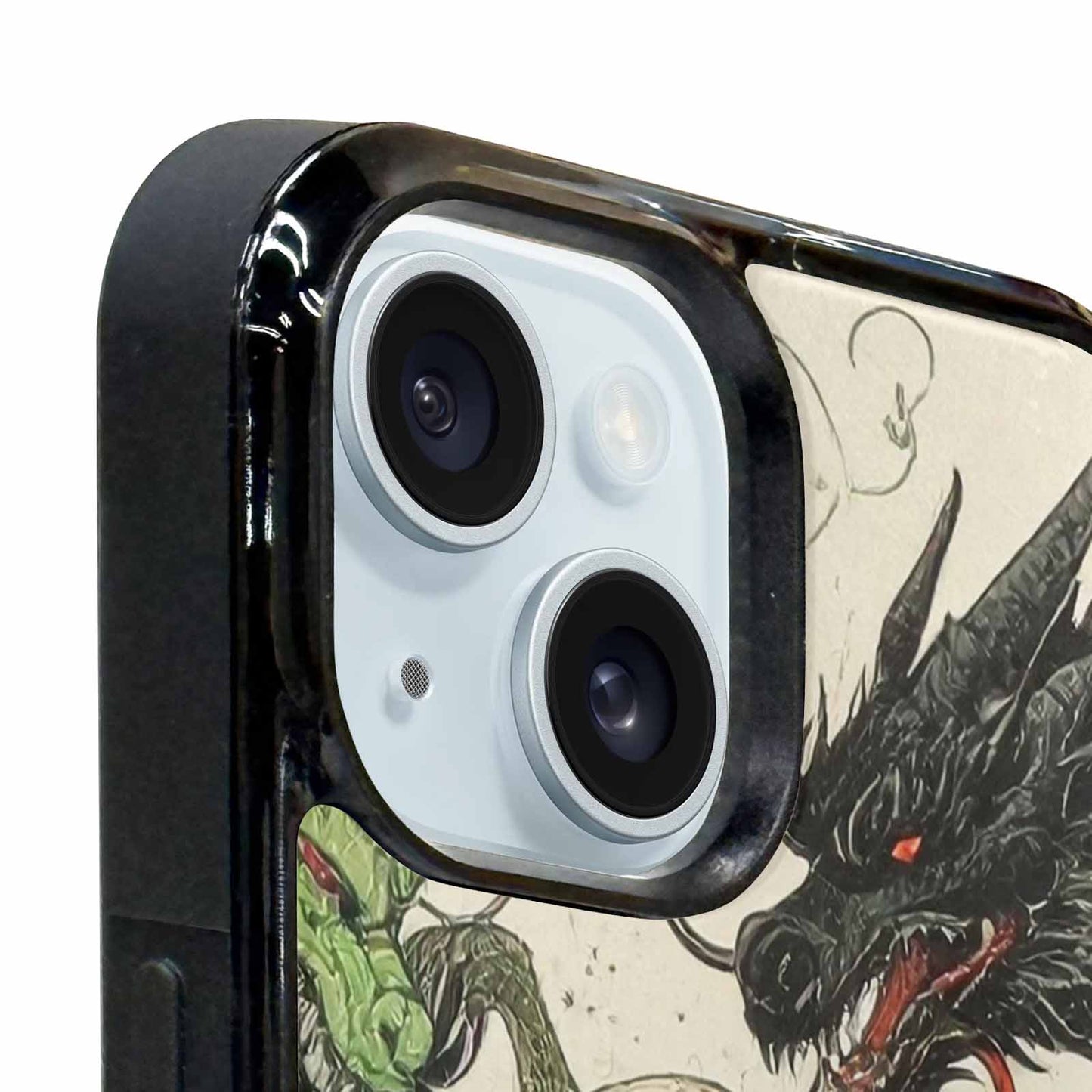 iPhone 15 Plus Case — Dragon Scale Black Green Ink Dragons, Custom Phone Case
