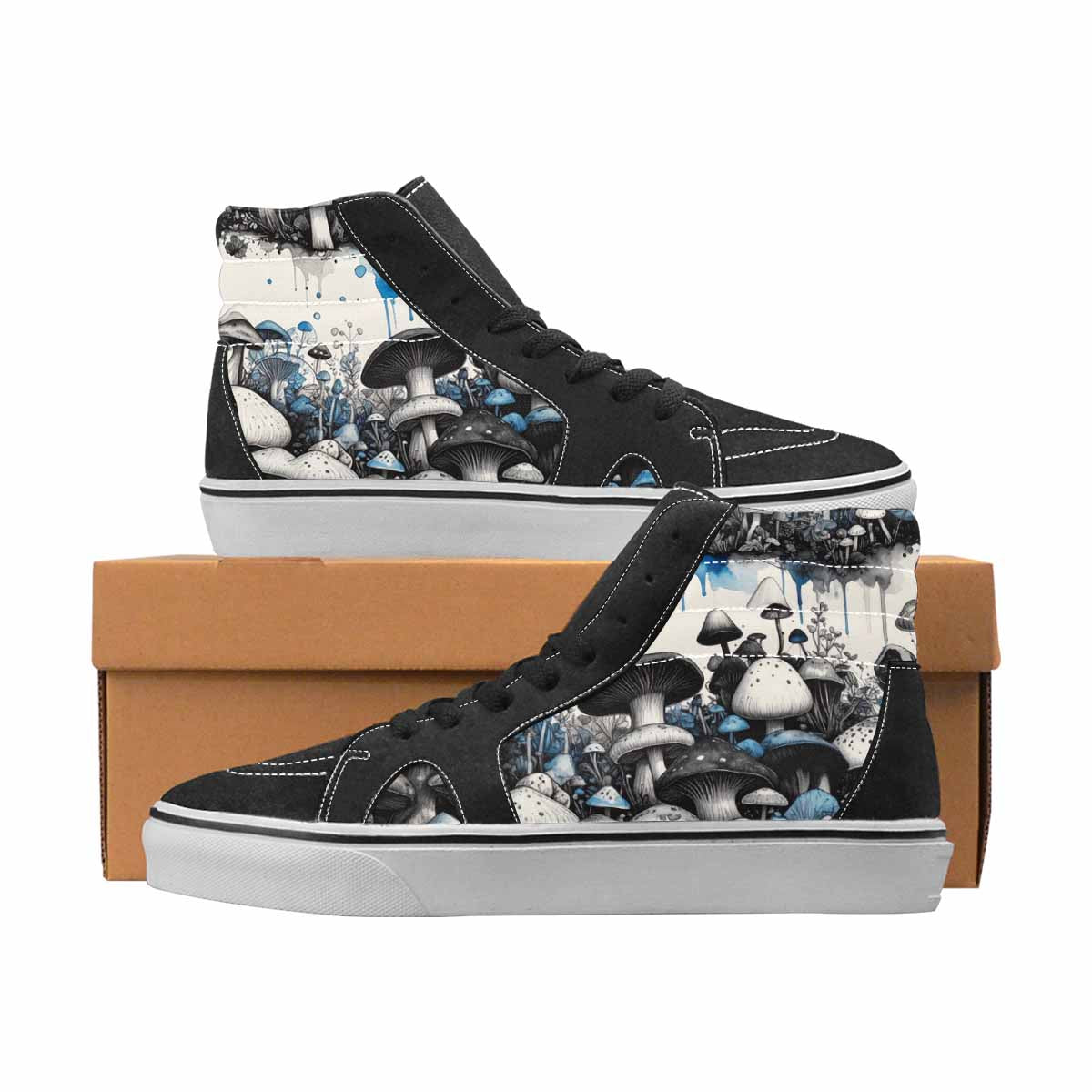 WOMEN'S Mushrooms Black & Blue Ink High Top Canvas Wearable Art Vivid Custom Art Shoes