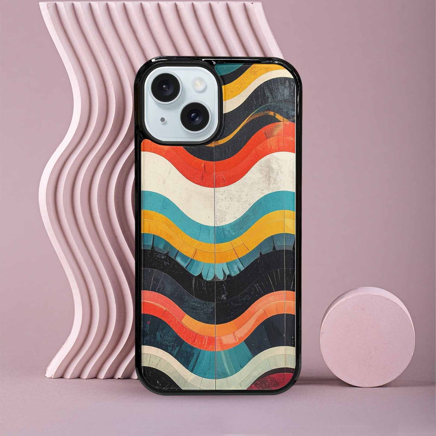 iPhone 15 Case — Retro Wave Scallop Stripe Small Fpz, Customized Protective Case