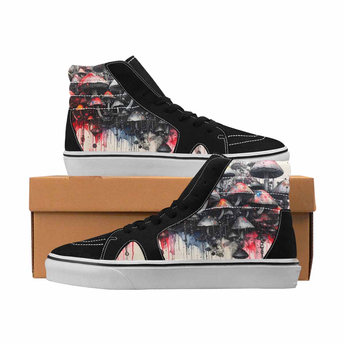 MEN'S Mushrooms Black & Red Ink High Top Canvas Custom Design Neon Fantasy Custom Printed Shoes