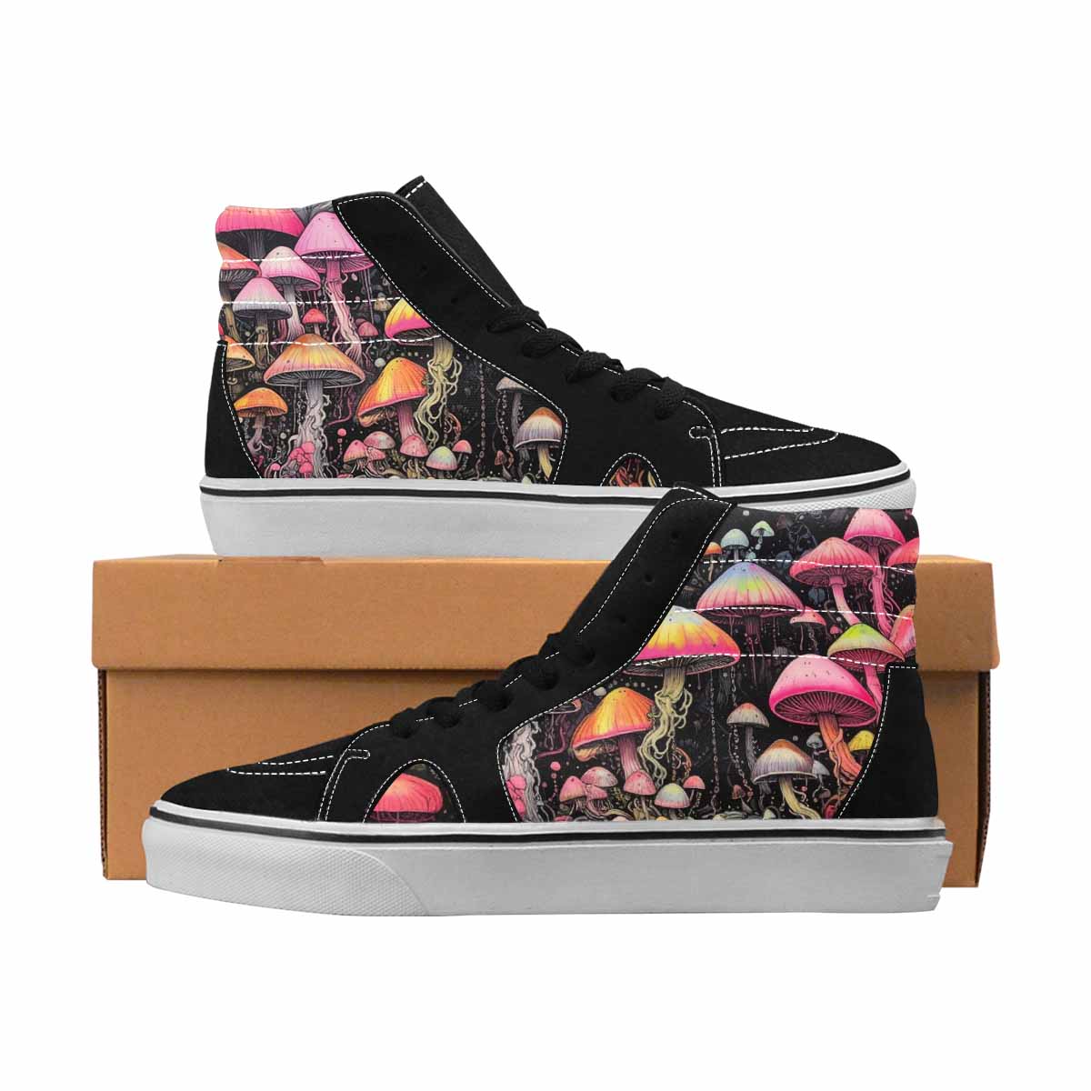 MEN'S Mushrooms Black & Pink Ink High Top Canvas Unique Print Melting Art All Over Print Shoes