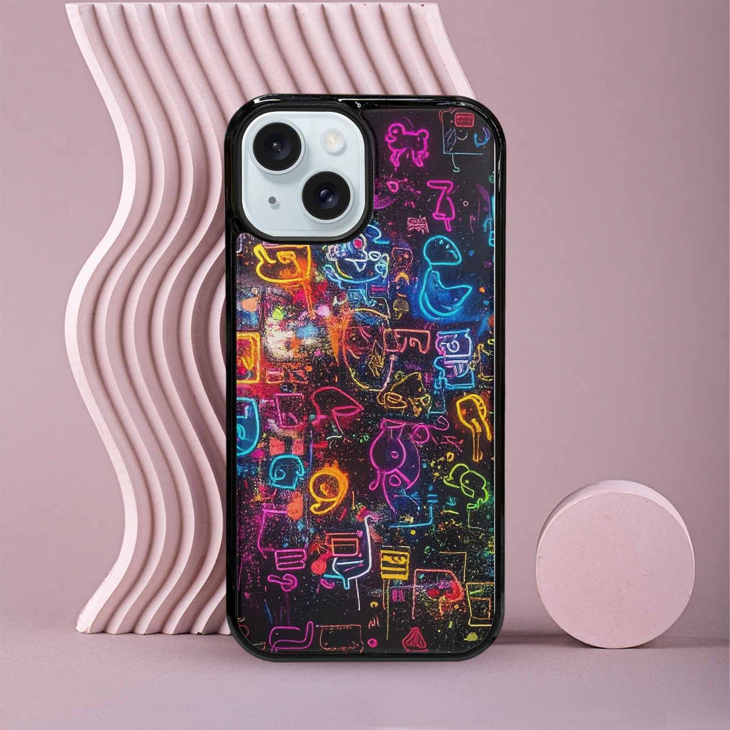 iPhone 15 Case — Neon Glow Outline Icon Pattern Hundreds, Custom Made Phone Cover