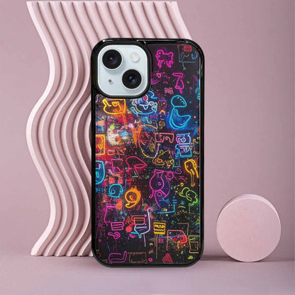 iPhone 15 Case — Neon Glow Outline Icon Pattern Hundreds, Custom Made Phone Cover