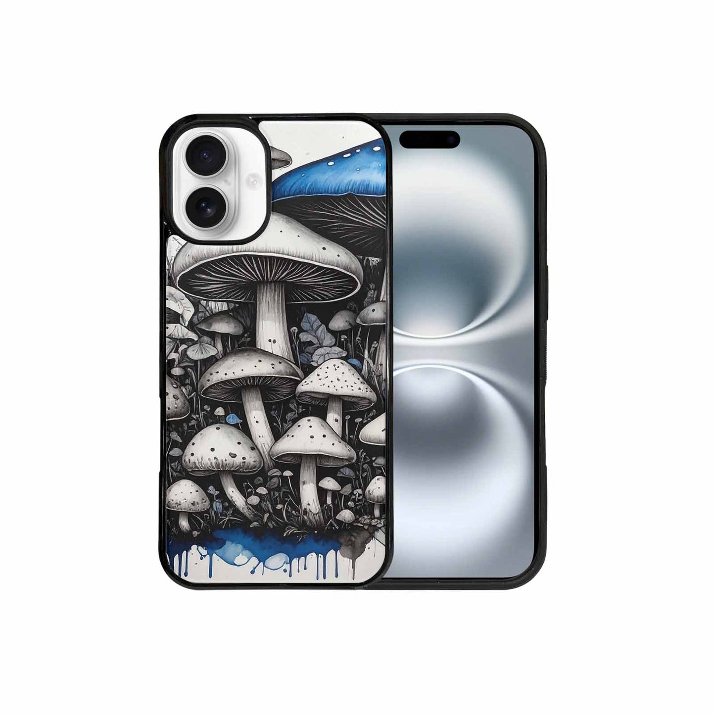iPhone 16 Plus Case — Mushrooms General Black Blue Ink Mushrooms, Custom Print Case Cover