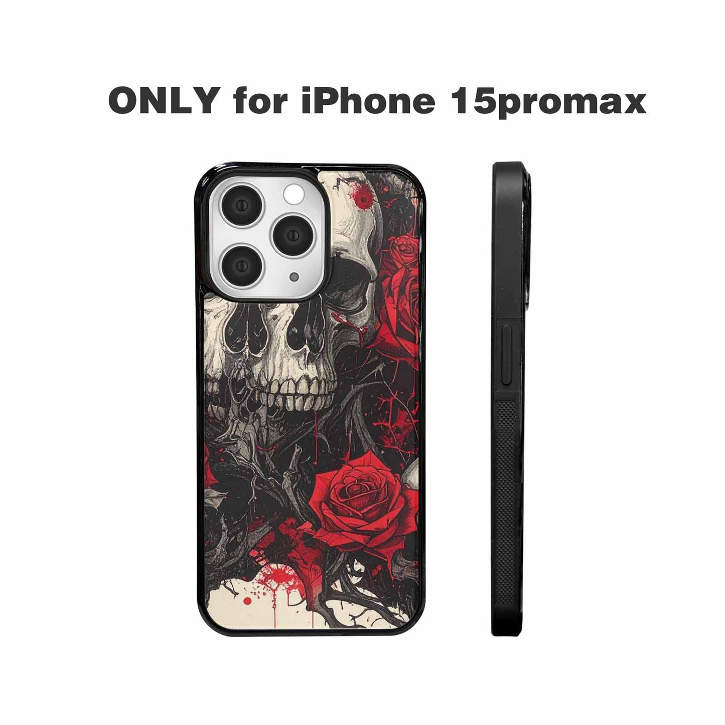 iPhone 15 Pro Max Case — Skull And Roses Black Red Ink, Personalized Phone Case