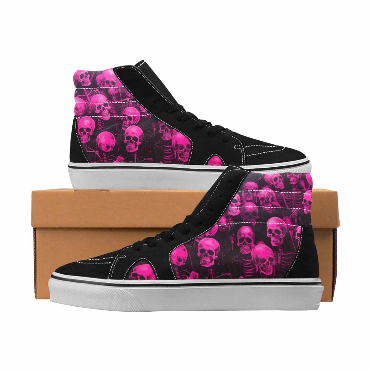 MEN'S Skulls Neon Pink Glow High Top Canvas One Of A Kind Wallpaper Art Customized Sneakers