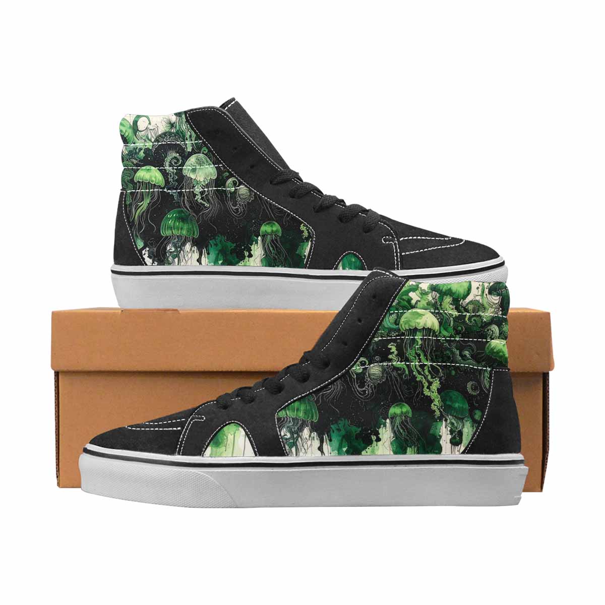 WOMEN'S Sea Creatures Black & Green Ink High Top Canvas Graphic Print Vivid Custom Printed Shoes