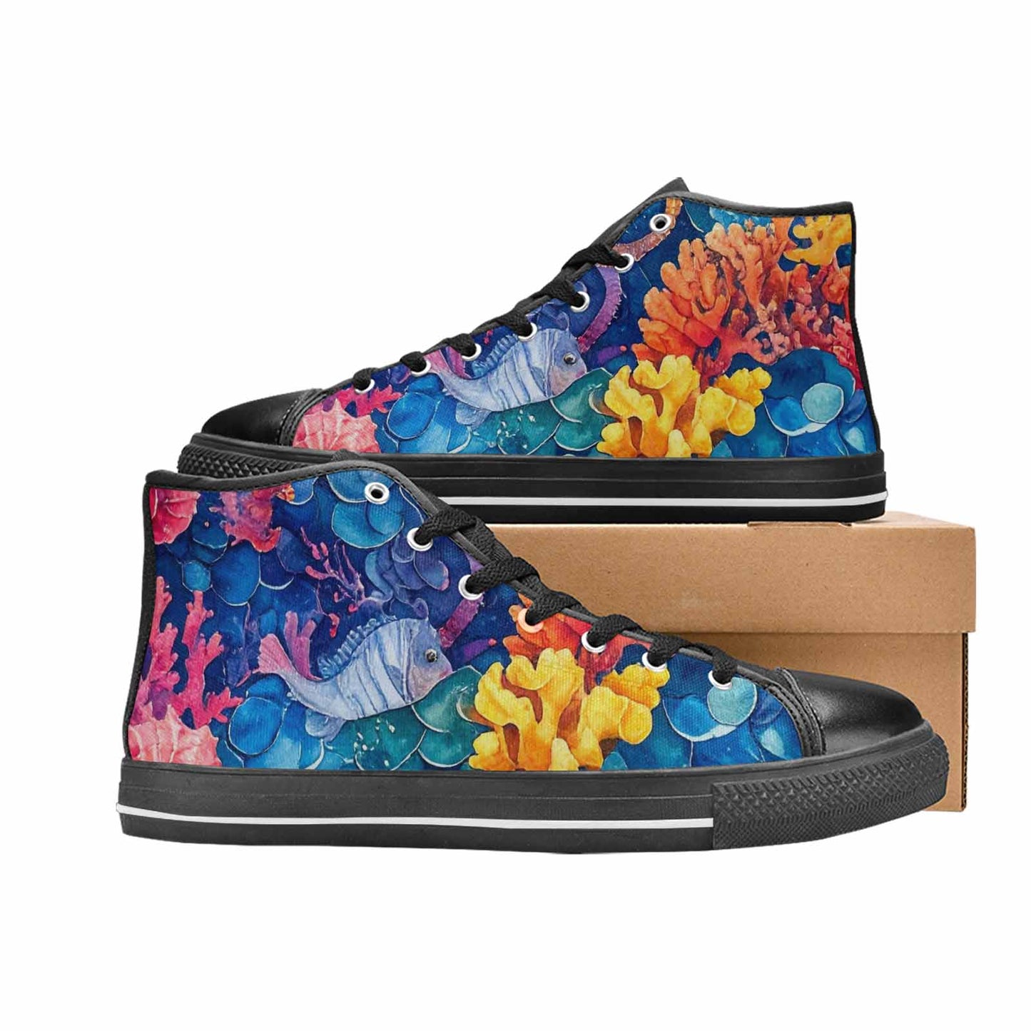 WOMEN'S Fish Scale Coral High Top Canvas Vibrant Chaos Custom Sneakers