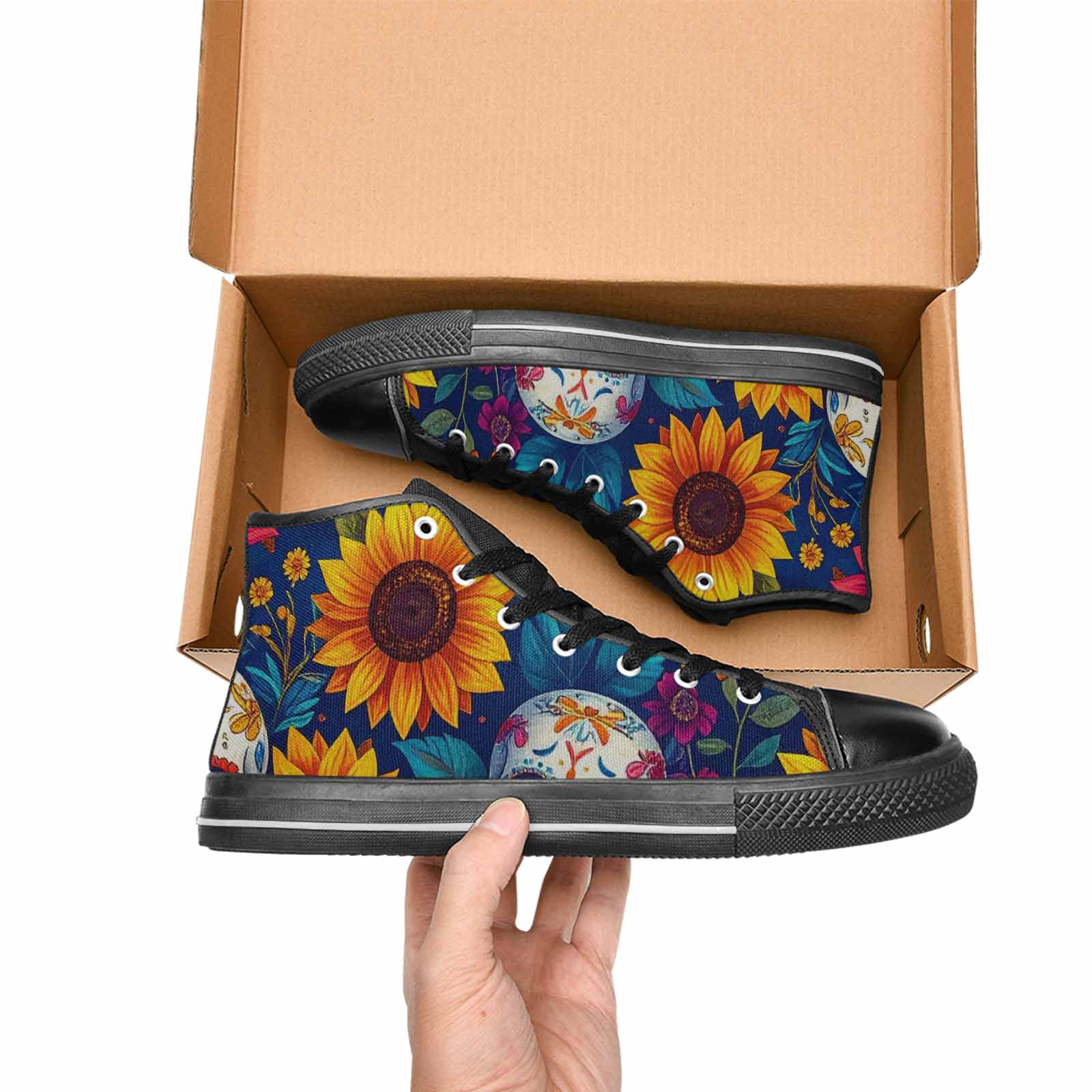 WOMEN'S Sunflower Skulls Print High Top Canvas Surreal Sneakers