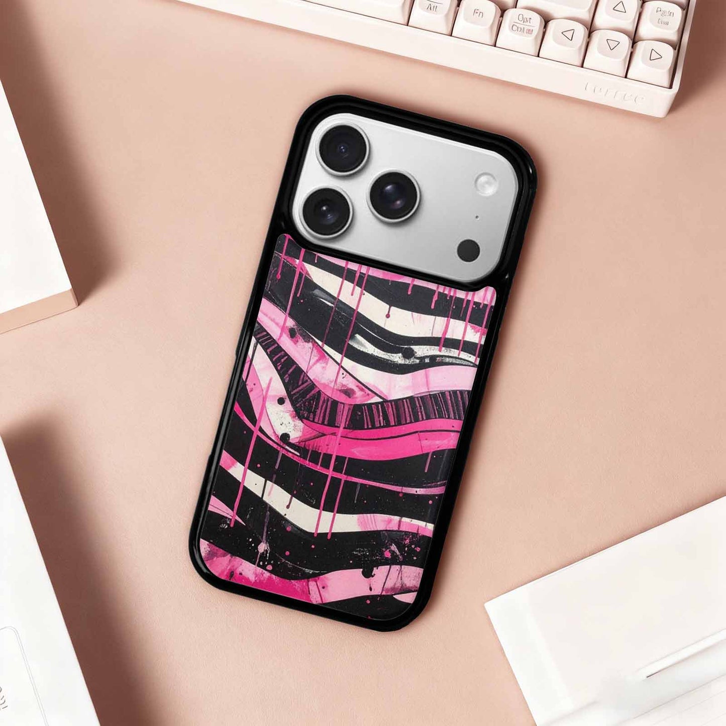 iPhone 17 Pro Case — Black Pink Ink Zebra Stripe Animal, Custom Made Phone Cover