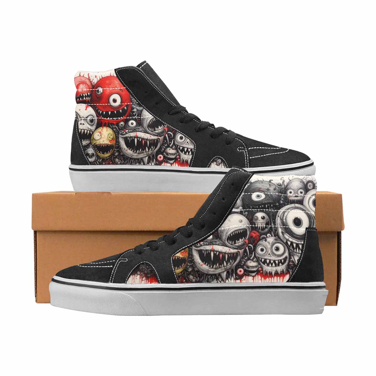 WOMEN'S Monsters Black & Red Ink High Top Canvas Custom Design Aesthetic All Over Print Shoes