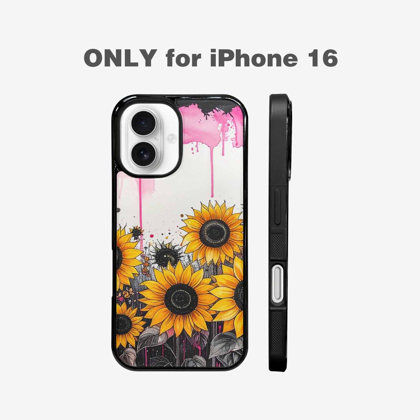 iPhone 16 Case — Sunflower Burst Black Pink Ink Sunflowers, Original Design Phone Case