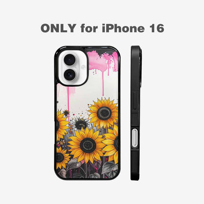 iPhone 16 Case — Sunflower Burst Black Pink Ink Sunflowers, Original Design Phone Case
