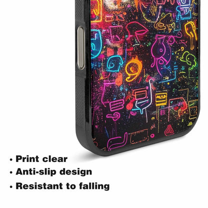 iPhone 16 Pro Case — Neon Glow Outline Icon Pattern Hundreds, Custom Printed Phone Case