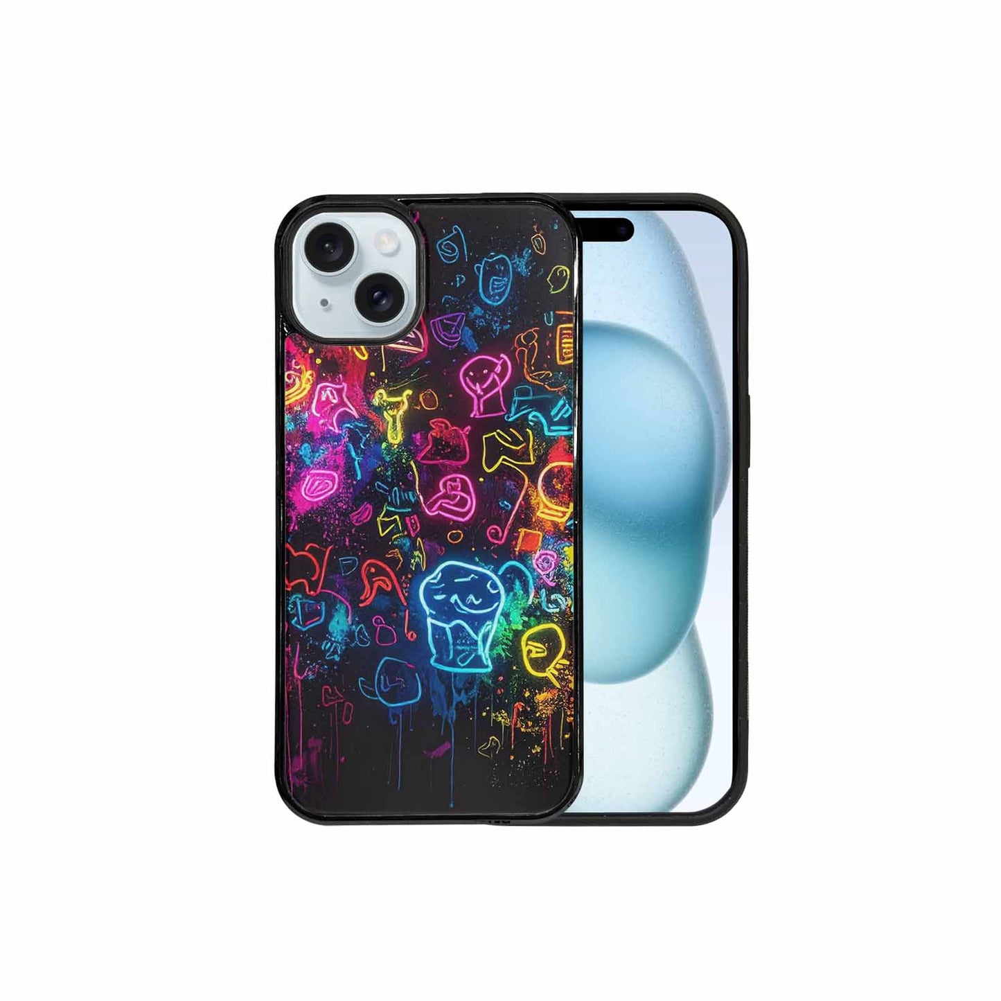 iPhone 15 Plus Case — Neon Glow Outline Icon Pattern Hundreds, Customized Protective Case